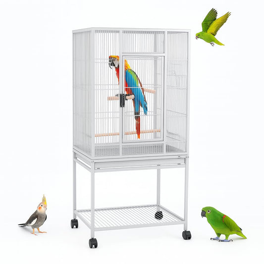 Bird cage for small to medium birds, Wrought iron bird flight cage with Wooden perches, Feeding bowls, Removable tray, Storage shelf, and Universal wheels, 136 cm (White)