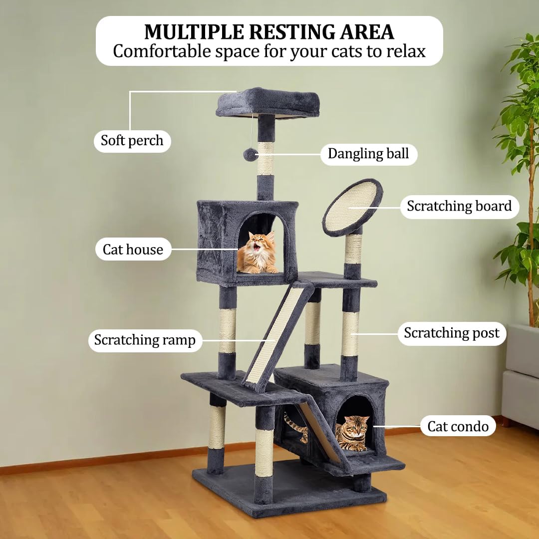 160 cm Cat Tree for Big Cats - Multi-level Indoor Cat Tower with Soft padded Perch, Dangling Ball, Sisal Scratching Board & Comfortable Cat Condo, Easy to Assemble (Grey, Large)