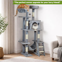 Cat tree with Padded perch, Sisal scratching post, Cozy hammock, Cat condo, and climbing ladder, Modern cat climbing tower for Indoor cats & Kittens, Easy assembly, 143 cm (Grey)