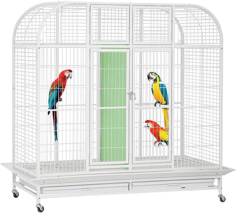 Extra large bird cage for Parrots, Macaws, and Other large birds, Heavy-duty Partition cage with Wooden perches, Feeding cups, Lockable door, Removable tray, and Universal wheels 180 cm (White)