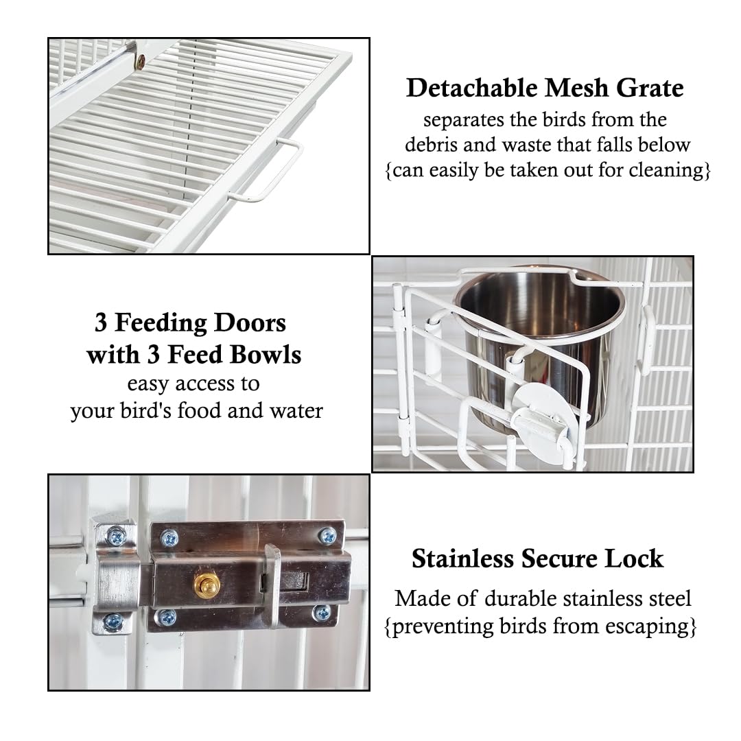 Bird Cage Large with Open-Top Design, Parrots, Parakeet, Macaw | Feeding Bowls & Wooden Perches | Removable Tray & Universal Wheels | Suitable for All Birds