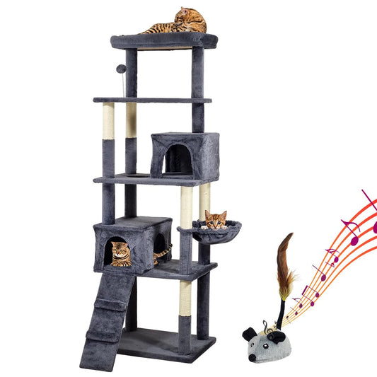 Multi-level cat tree with Electric mouse toy, Padded perch, Sisal scratching post, Cozy hammock, Double cat condo, and Climbing ladder, Cat climbing structure for indoor cats 182 cm (dark grey)