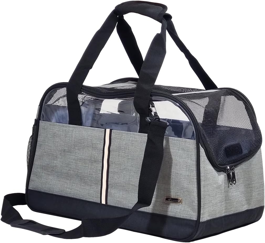 Cat Carrier Bag with Open Top Cover - Pet Travel Carrier with Carry Handle, Adjustable Shoulder Strap, Pockets & Safety Inside Leash - Breathable Mesh - Ideal for Dogs & Cats (Grey, 50cm)