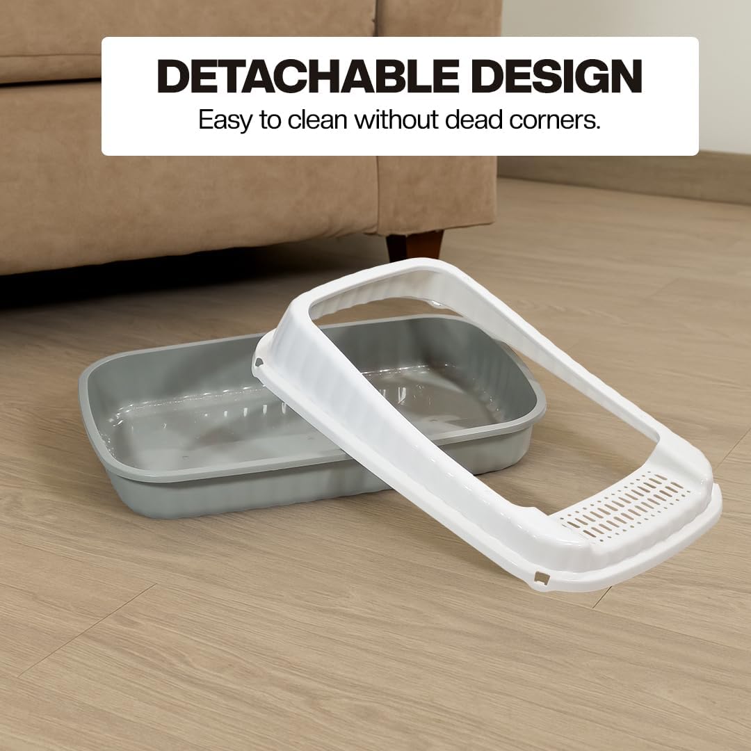 Semi-enclosed Cat litter box for Large-sized cats, Odor control plastic cat toilet with Litter scoop, Grid design, Lightweight, and Raised fence, Detachable for easy cleaning, 59 cm