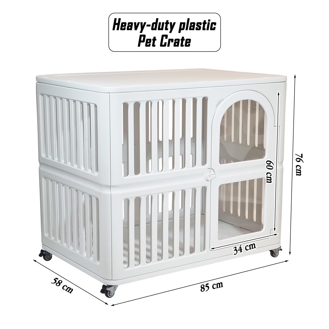 Plastic dog crate for Indoor-Outdoor, Pet kennel with Wheels, Durable and Ventilated, 85 cm Cage for Dog, Cat and Rabbits, Easy to clean, Lockable, Portable, Lockable and Easy to move,  (White)
