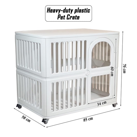 Plastic dog crate for Indoor-Outdoor, Pet kennel with Wheels, Durable and Ventilated, 85 cm Cage for Dog, Cat and Rabbits, Easy to clean, Lockable, Portable, Lockable and Easy to move,  (White)
