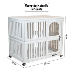 Plastic dog crate for Indoor-Outdoor, Pet kennel with Wheels, Durable and Ventilated, 85 cm Cage for Dog, Cat and Rabbits, Easy to clean, Lockable, Portable, Lockable and Easy to move,  (White)