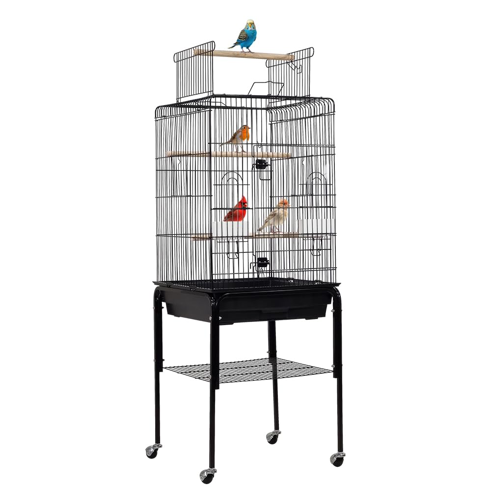Rolling Bird cage with Open top design, Detachable stand, Feeding bowls, Slide-out tray, Storage shelf, and Universal wheels, Sturdy metal bird cage for Lovebirds and Budgies, 136 cm (Black)