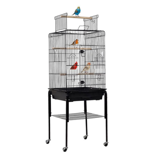 Rolling Bird cage with Open top design, Detachable stand, Feeding bowls, Slide-out tray, Storage shelf, and Universal wheels, Sturdy metal bird cage for Lovebirds and Budgies, 136 cm (Black)