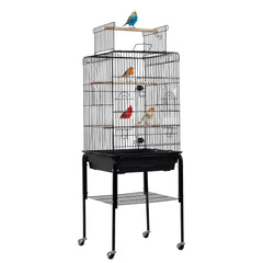 Rolling Bird cage with Open top design, Detachable stand, Feeding bowls, Slide-out tray, Storage shelf, and Universal wheels, Sturdy metal bird cage for Lovebirds and Budgies, 136 cm (Black)
