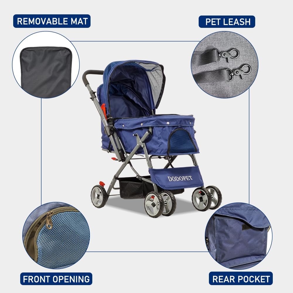 Pet Stroller for Cats and Dogs | Lightweight & Foldable | Dog Stroller with Adjustable Canopy & Spacious Interior | Storage Bag and Universal Wheels | Travel & Outdoor Cat Stroller (Dark Blue)