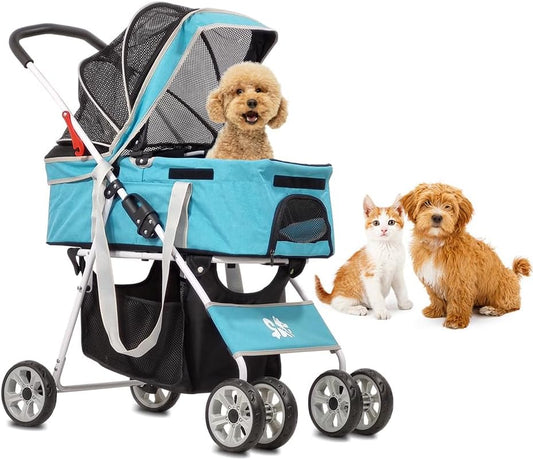 Dog Stroller | Pet Stroller for Cats & Dogs with Adjustable Canopy & Spacious Interior | Lightweight & Foldable | Storage Bag and Universal Wheels | Travel & Outdoor Cat Stroller 96 cm (Blue)