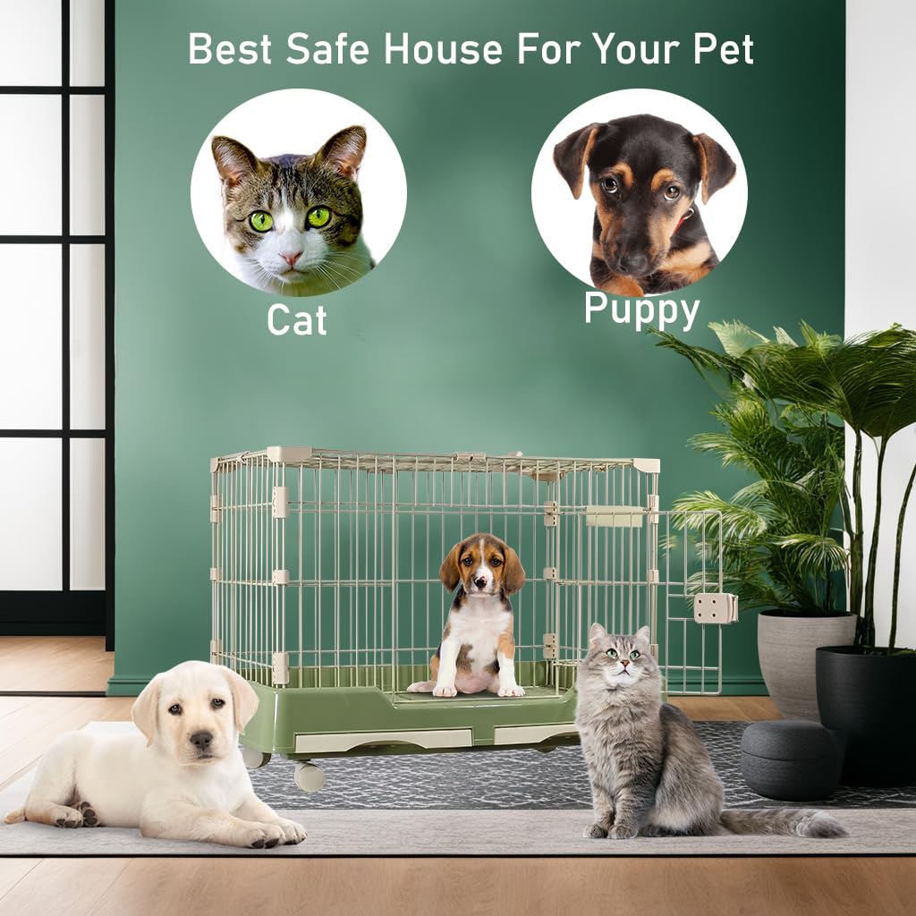 Cat cage playpen for cats & small dogs, Durable meta wire cat cage with Open-top design, Lockable door, Removable tray, and Universal wheels, Ideal for indoor/outdoor, Easy assembly 75 cm (Green)