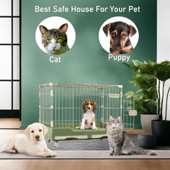 Cat cage playpen for cats & small dogs, Durable meta wire cat cage with Open-top design, Lockable door, Removable tray, and Universal wheels, Ideal for indoor/outdoor, Easy assembly 75 cm (Green)
