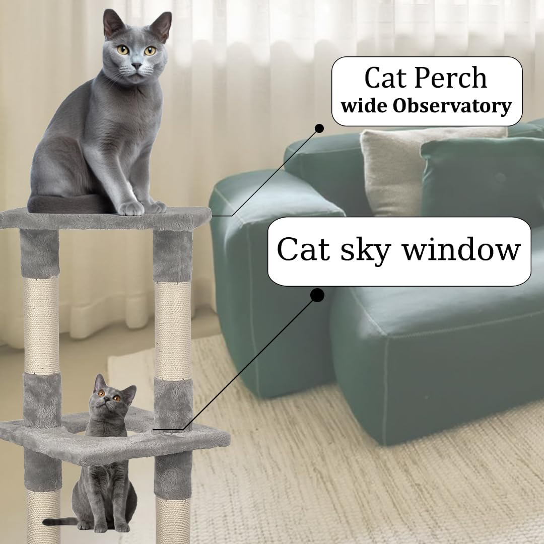 Cat tree scratching post for indoor cats & kittens, Durable cat tree climbing frame with Perch, Natural sisal scratching post, and Spacious cat condo, Easy to assemble 110 cm (Grey)