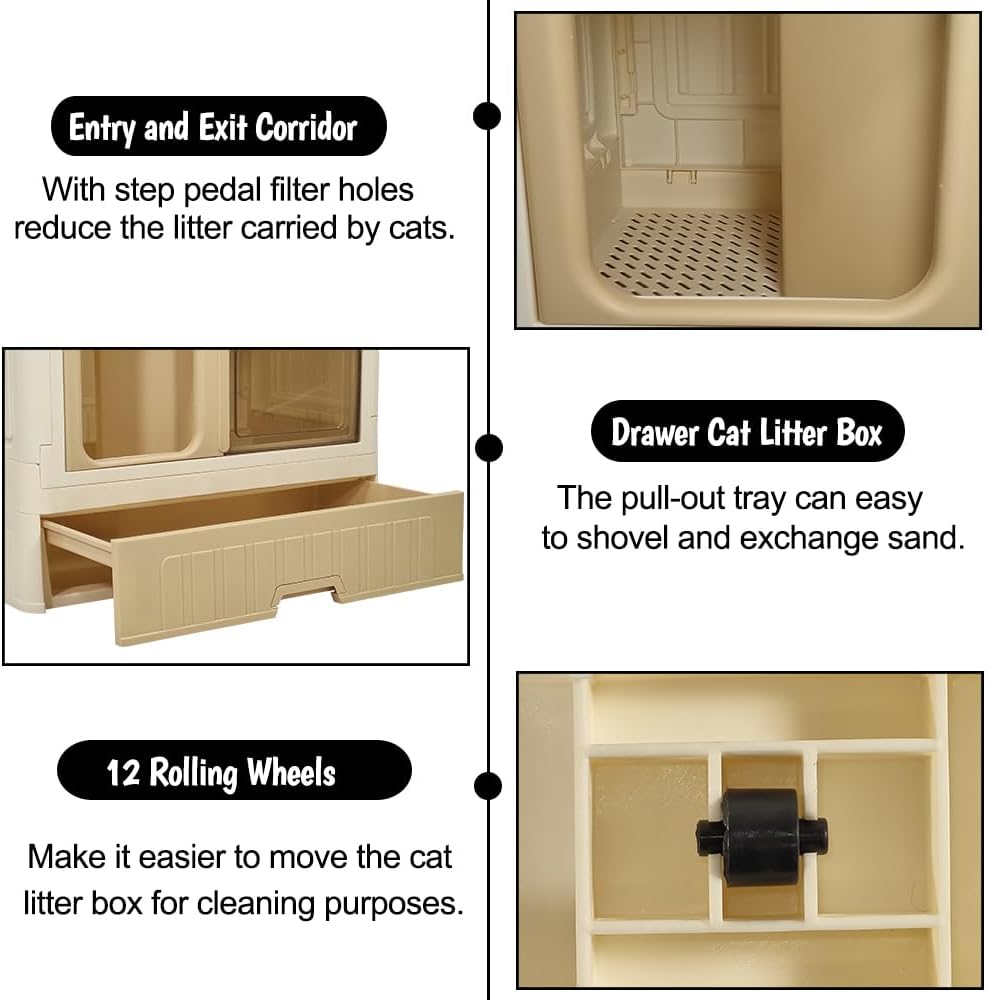 Cat cabinet, Durable 3-layer cat combination litter box with Storage area, Sleeping area, Cat toilet, and Rolling wheels, Durable plastic cat litter box, Ideal for indoor/outdoor use 115 cm