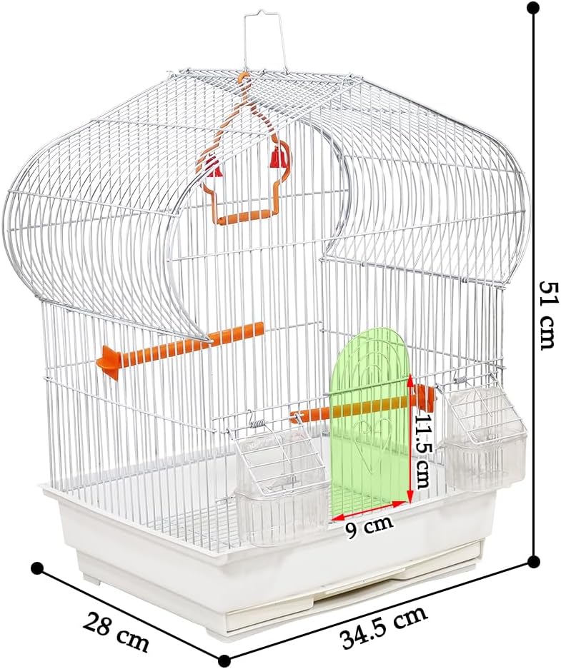 Bird cage for small birds, Durable metal construction bird cage with Portable handle, Swinging perch, Plastic food cups, Perches, and Removable tray, Ideal for indoor & outdoor use 51 cm (white)
