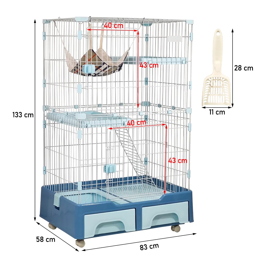 Cat cage playpen for Multi-cat household, 3-tier cat cage with Cozy hammock, Wide platform, Climbing ladder, Build-in litter box, and Universal wheels, Ideal for indoor/outdoor use 133 cm (Blue)