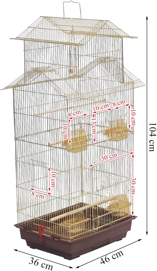 Golden bird cage with Removable tray, Food container and Perches, 104 cm Metal bird house for small to medium birds, Portable cage with Swing, Convenient Handle and Indoor-Outdoor Cage