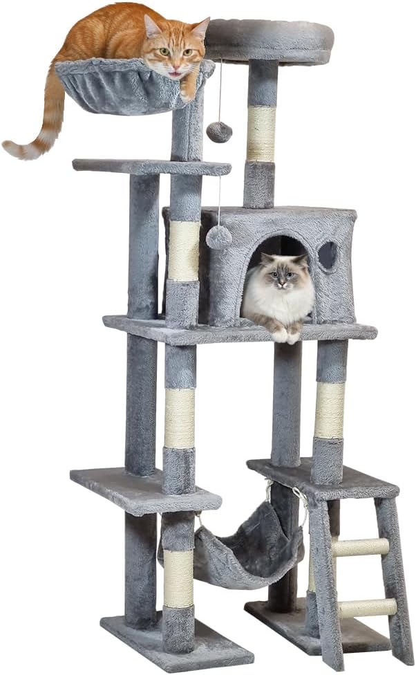 Cat tree with Padded perch, Sisal scratching post, Cozy hammock, Cat condo, and climbing ladder, Modern cat climbing tower for Indoor cats & Kittens, Easy assembly, 143 cm (Grey)
