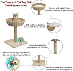 Cat tree for indoor cats, Cat climbing frame with Interactive cat toy, Rattan wicker basket perch, Sisal scratching post, and Sturdy base, Cat tree activity center, Easy to assemble 53 cm (Beige)