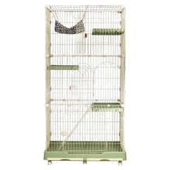 Large cat cage with 3 lockable doors, Hammock, Wide platforms, Climbing ladder, Removable tray, and Universal wheels, Durable metal wire cat cage for indoor & outdoor, Easy assembly 190 cm (Green)