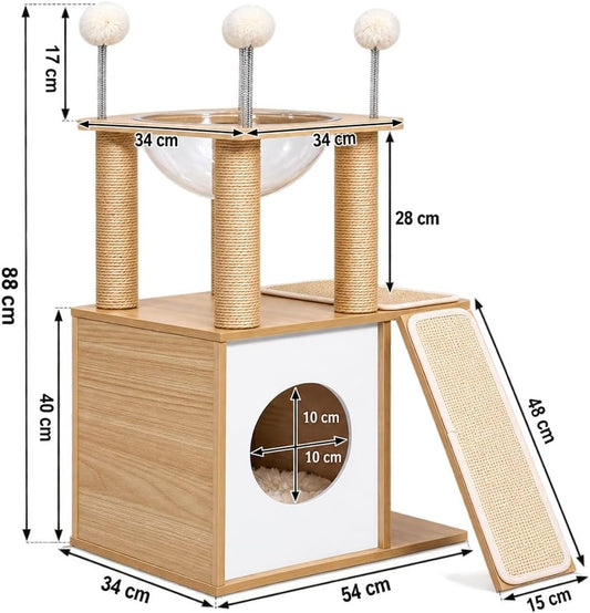 Cat Tree Tower with Transparent Bubble Bed, 88 cm Wooden Cat Condo, Sisal Scratching Posts, Scratching Ramp and Hanging Pom-Pom Toys for Indoor Cats, (Beige)