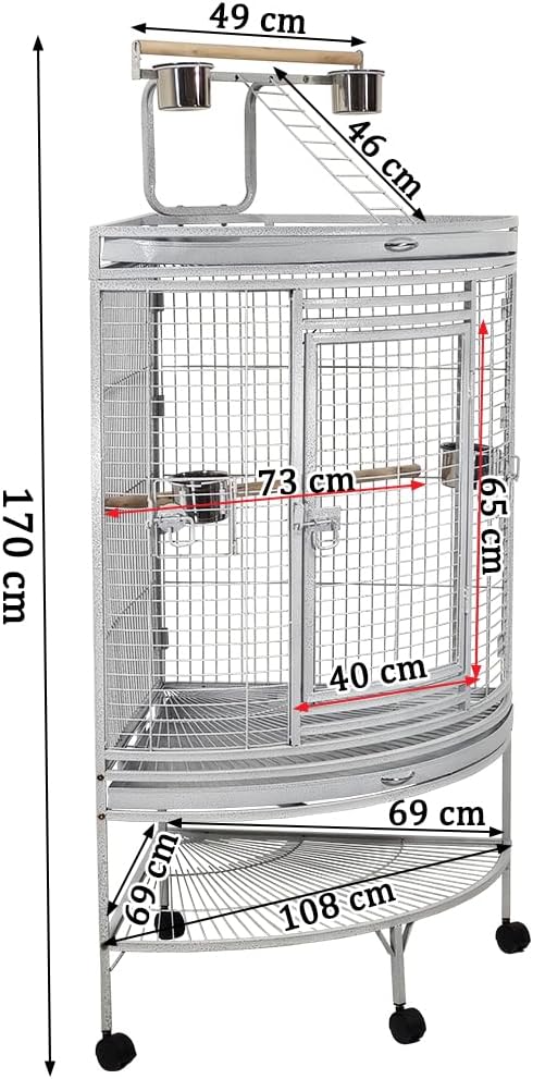 Large bird cage with Play-top area, Wooden perches, Stainless steel food cups, Slide-out tray, Storage shelf, and Universal wheels, Spacious and Durable bird cage for Parrots 170 cm (Grey)