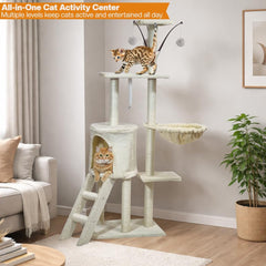 Multi-level cat tree tower for Indoor cats & Kittens, Sturdy activity center with Hanging toys, Sisal scratching post, Cozy Hammock, Plush Condo and Ladder, Easy assembly, 136 cm