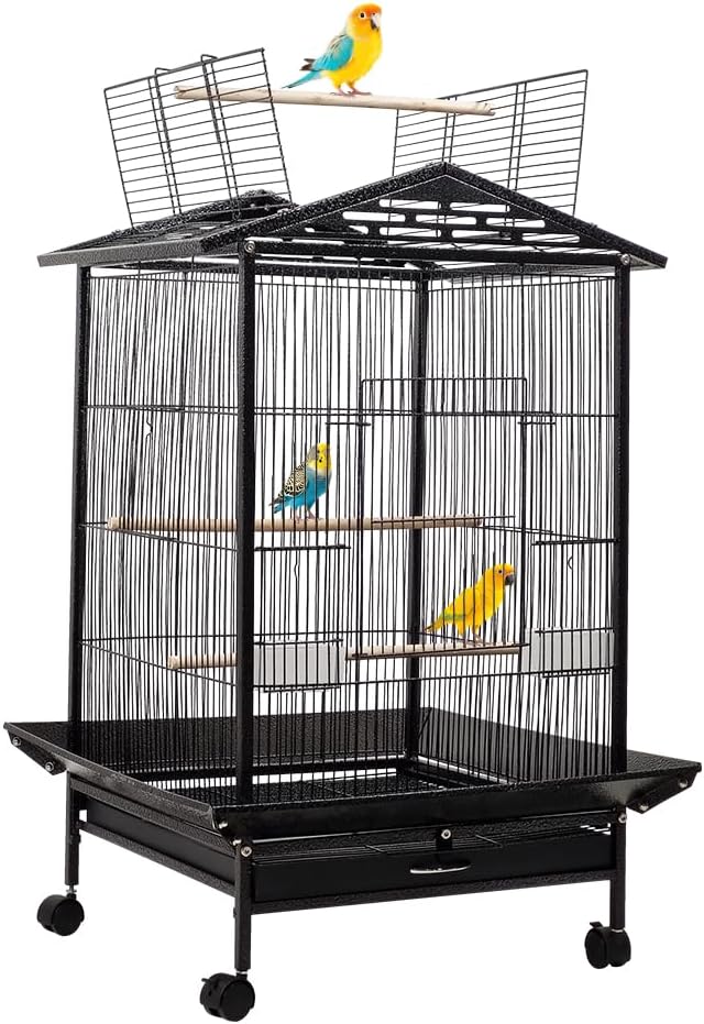 Bird Cage - Bird House & Villa - Parrot Cage for Small to Medium-Sized Birds – 87 cm Durable Metal Birdcage with Wooden Standing Perch, Feeding Cups, Slide-Out Tray, and Universal Wheels
