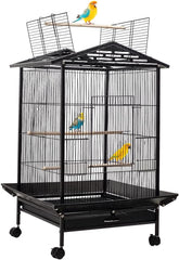 Bird Cage - Bird House & Villa - Parrot Cage for Small to Medium-Sized Birds – 87 cm Durable Metal Birdcage with Wooden Standing Perch, Feeding Cups, Slide-Out Tray, and Universal Wheels
