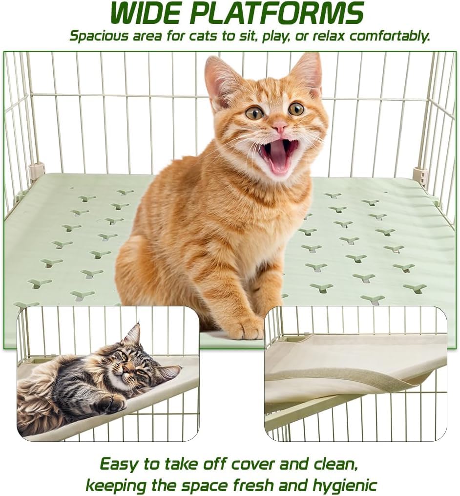 Cat Cage with Rolling Casters, Elevated Lounging Platforms, Secure Locking Doors, and Leak-Proof Base, Heavy-Duty Metal Cat Enclosure for Indoor Cats & Kittens, Easy to Assemble, 101 cm, Green