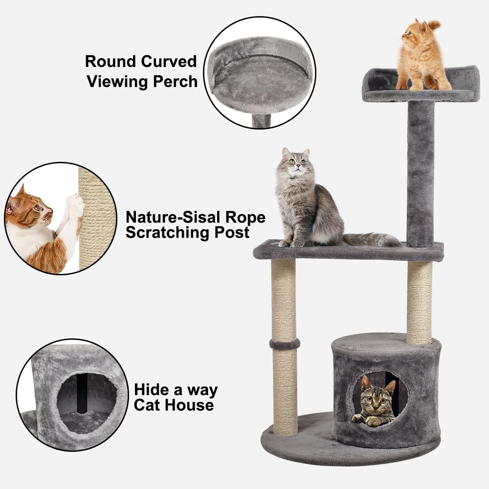 Cat tree activity center with Curved perch, Sisal scratching post, and Cozy cat condo, Durable cat tree tower for indoor cats, Multi-functional feline tower, Easy assembly 102 cm (Grey)