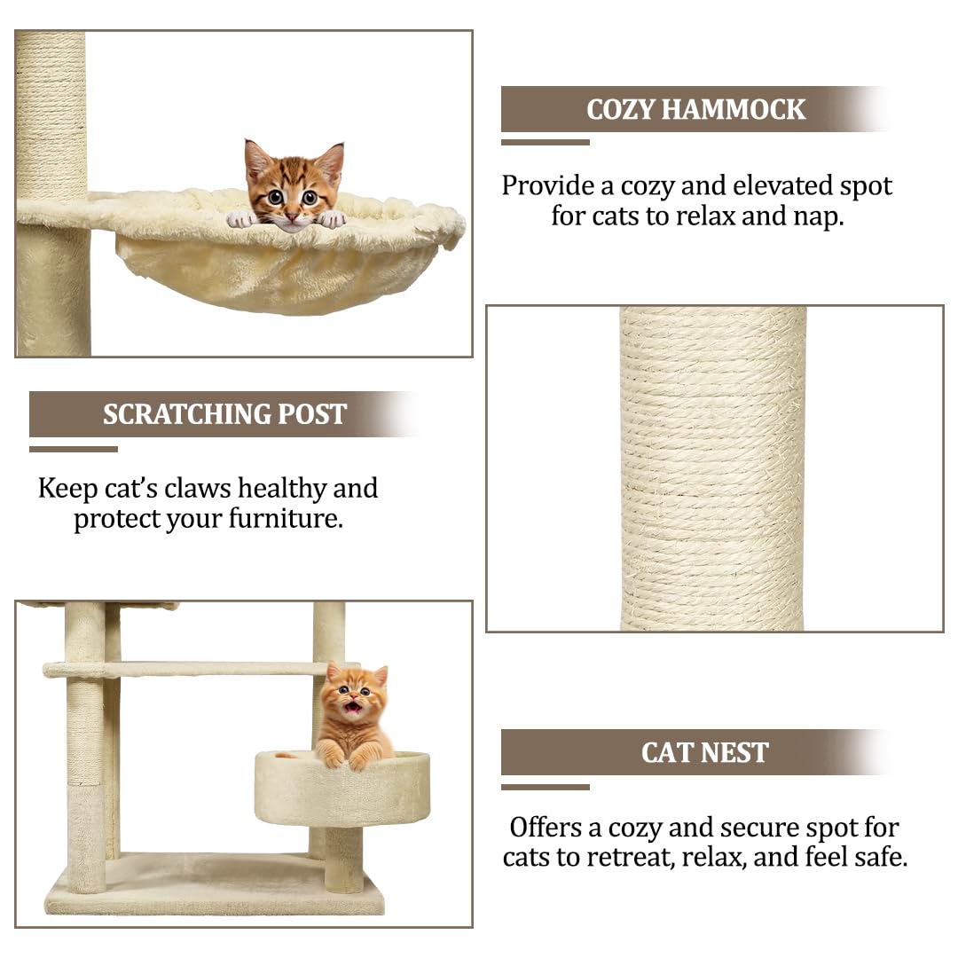 183cm Cat Tree Tower Indoor - Sisal Scratching Post with Soft Perches - Cozy Cat Condos & Bottom Cat Nest - Tall Cat Tree Activity Center for Big Cats to Climb & Relax (Beige)