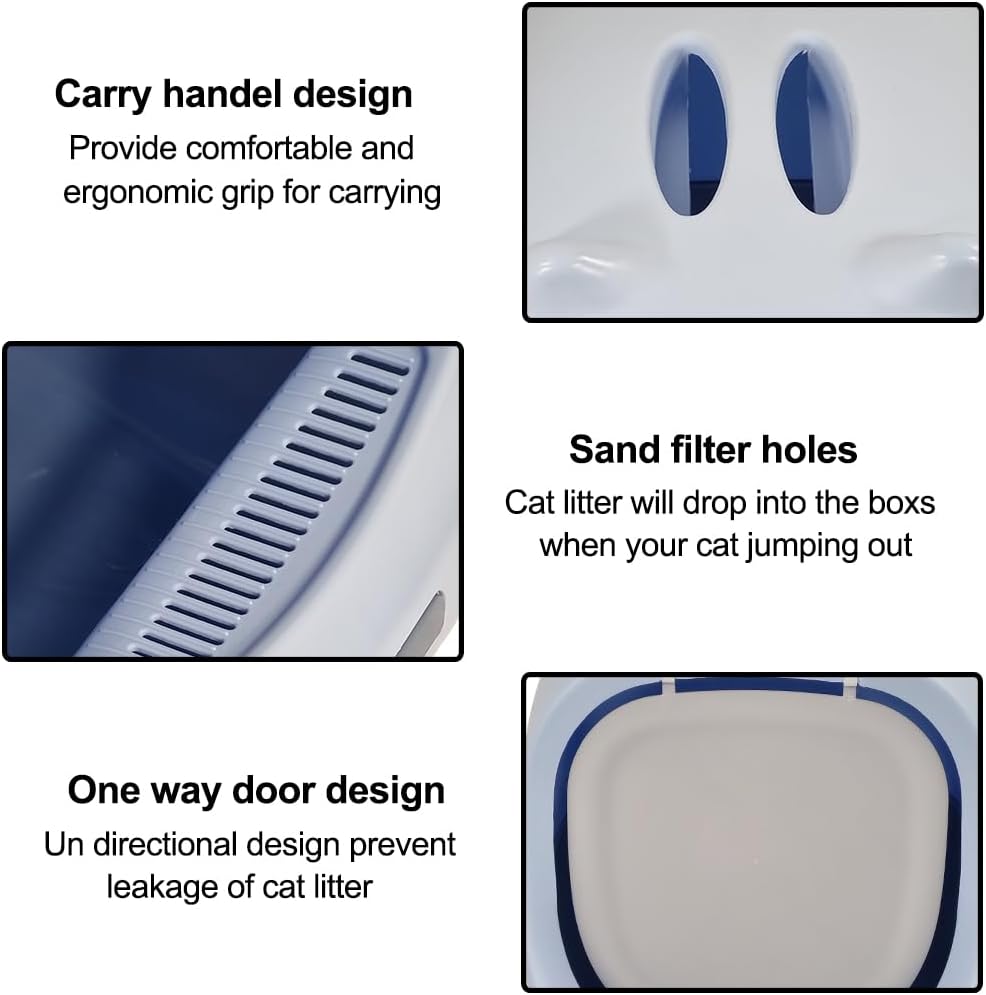 Fully-enclosed cat litter box with Durable plastic, Carrying handle, Sand filter holes, and Litter scoop, Splash-proof cat toilet for Indoor cats & kittens, Easy to clean 45 cm