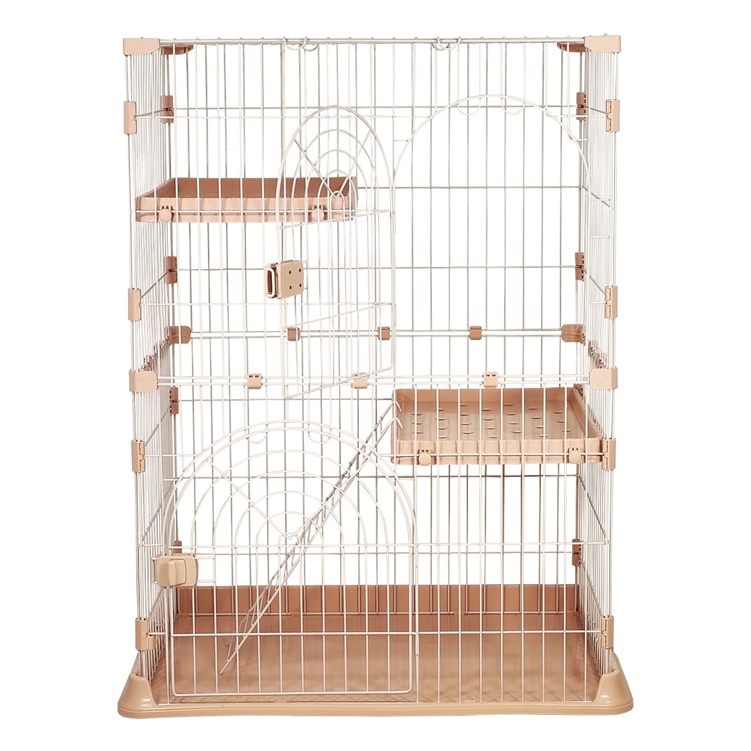 Cat Cage Playpen with 2-Lockable Doors, Wide Platforms, Climbing Ladder, and Leak-Proof Plastic Base, 2-Tier Metal Wire Pet Cage for Indoor/Outdoor Use, Ideal for Multi-Cat Households, 108 cm, Pink