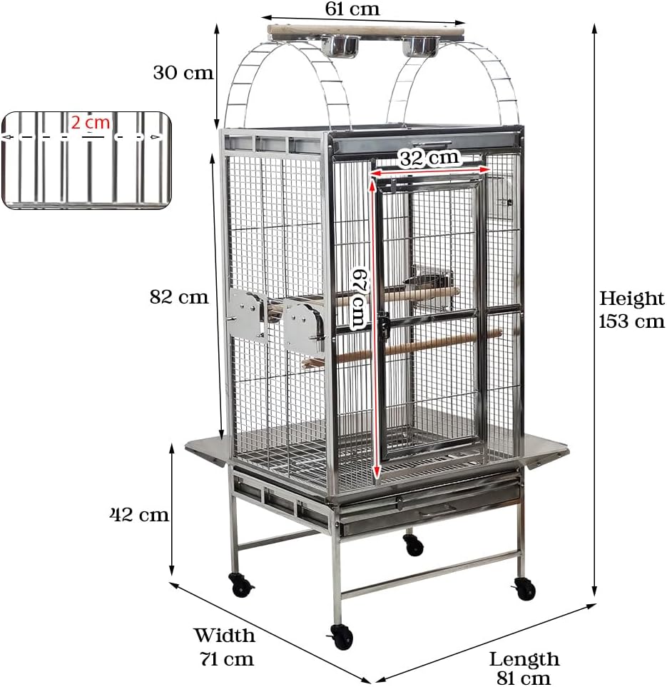 Large parrot cage with Stand, Stainless steel, and Feeding bowl with doors, 153 cm Top play bird cage for Macaw, Cockatoo, and medium to large birds, Indoor-outdoor use, Tray and Wheels (Grey)