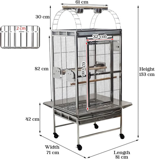 Large parrot cage with Stand, Stainless steel, and Feeding bowl with doors, 153 cm Top play bird cage for Macaw, Cockatoo, and medium to large birds, Indoor-outdoor use, Tray and Wheels (Grey)