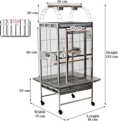 Large parrot cage with Stand, Stainless steel, and Feeding bowl with doors, 153 cm Top play bird cage for Macaw, Cockatoo, and medium to large birds, Indoor-outdoor use, Tray and Wheels (Grey)