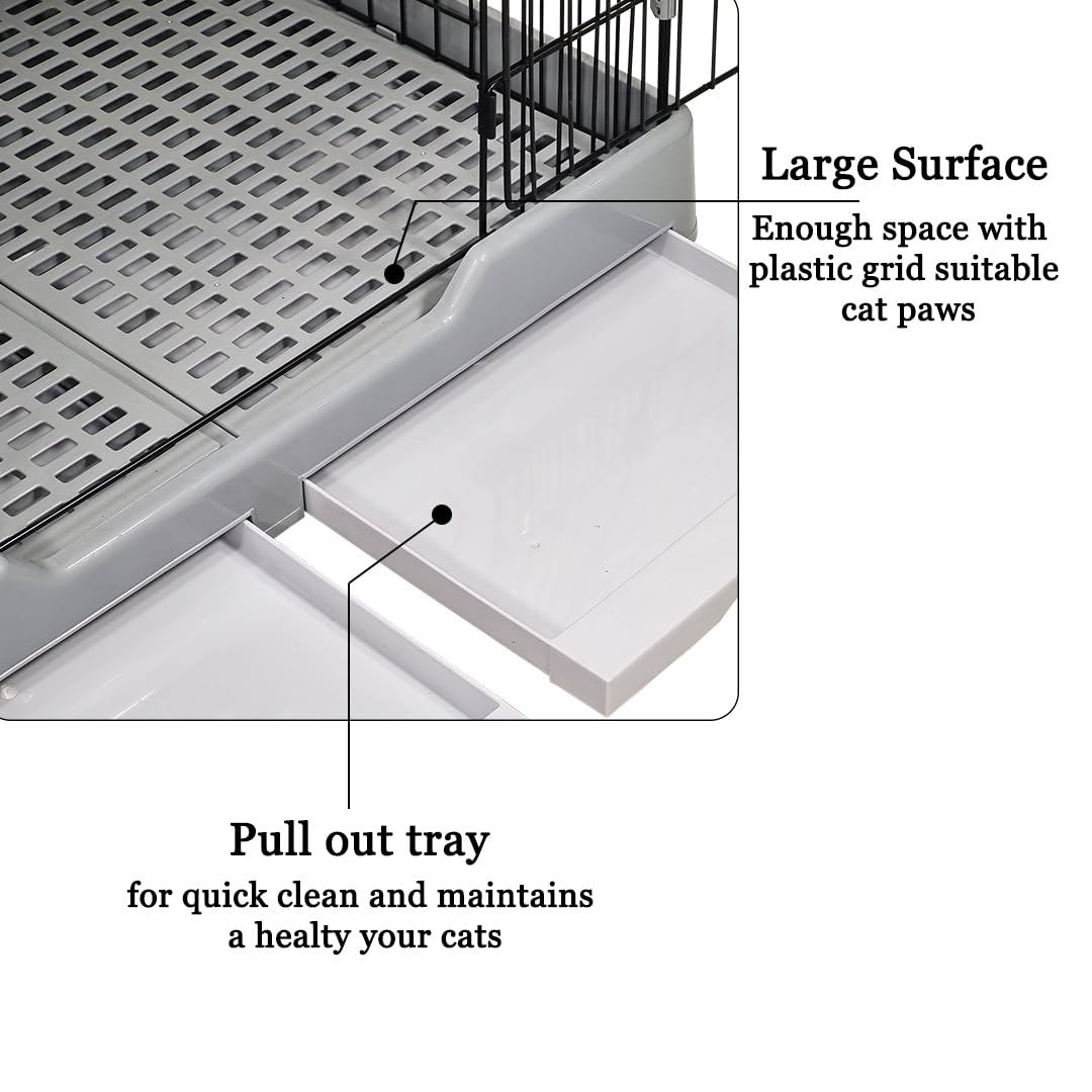 Cat cage playpen for Multi-cat households, 2-layer metal wire cat cage with Durable hammock, climbing ladder, Slide-out tray, and Universal wheels, Suitable for indoor/outdoor 121 cm (Grey)