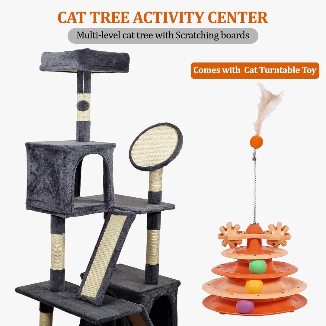 Cat Tree for Big Cats - 160 cm Multi-level Cat Tower with Spacious Resting Area, Cat Turntable Toy, Dangling Ball & Sisal Scratching Post, Easy to Assemble (Ash Grey, Large)