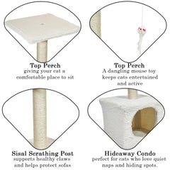 Modern cat tower with Hideaway cave and Hanging ball, Space saving design, Easy to fix and Portable, 59 cm Cat activity tree with Scratching pole, Protect furniture for Indoor cats and kittens