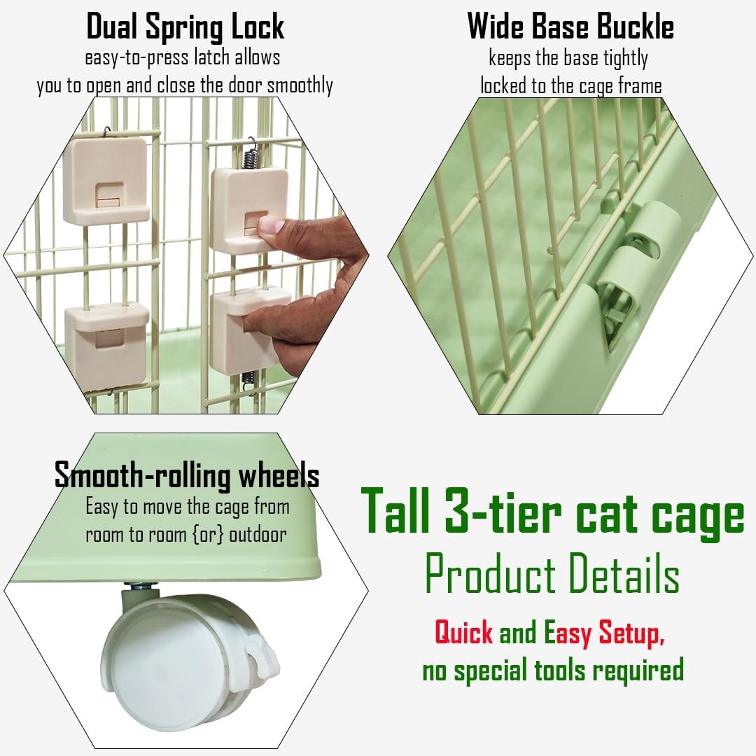 3-Tier Cat Cage with Locking Wheels, Wide Shelves, Multi-Access Door, and Sturdy Metal Wire, 158 cm Cat Playpen for Indoor-Outdoor Use, Durable Pet Crate, Easy to Assemble and Easy to Clean, Green