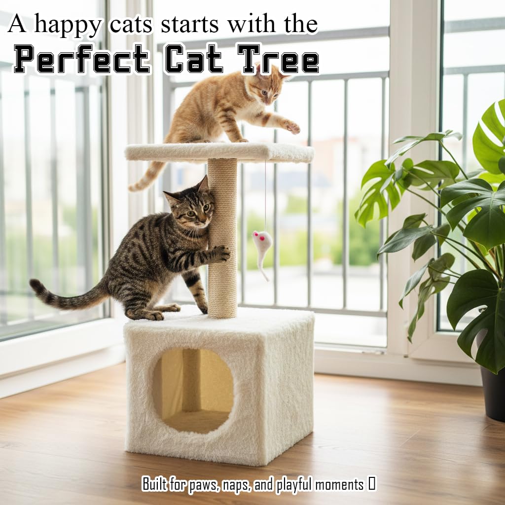 Modern cat tower with Hideaway cave and Hanging ball, Space saving design, Easy to fix and Portable, 59 cm Cat activity tree with Scratching pole, Protect furniture for Indoor cats and kittens