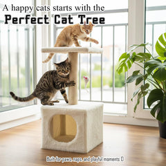 Modern cat tower with Hideaway cave and Hanging ball, Space saving design, Easy to fix and Portable, 59 cm Cat activity tree with Scratching pole, Protect furniture for Indoor cats and kittens