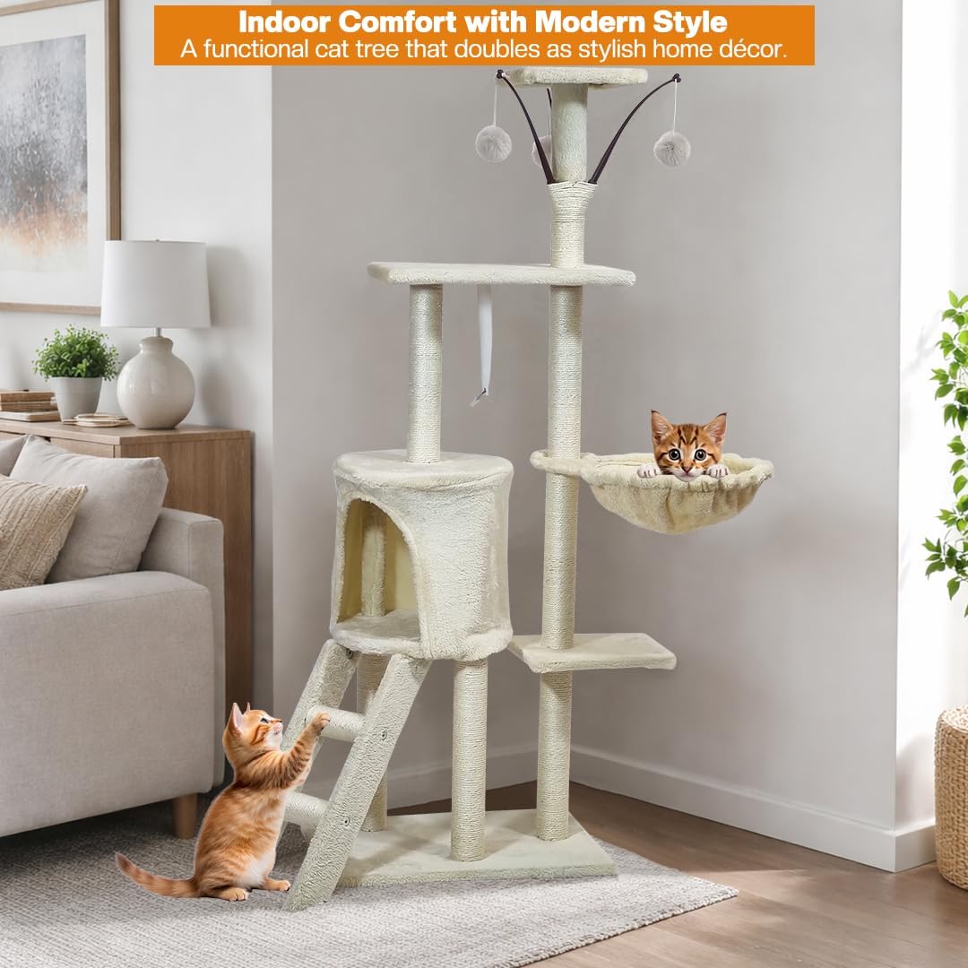 Multi-level cat tree tower for Indoor cats & Kittens, Sturdy activity center with Hanging toys, Sisal scratching post, Cozy Hammock, Plush Condo and Ladder, Easy assembly, 136 cm