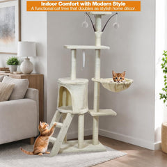 Multi-level cat tree tower for Indoor cats & Kittens, Sturdy activity center with Hanging toys, Sisal scratching post, Cozy Hammock, Plush Condo and Ladder, Easy assembly, 136 cm