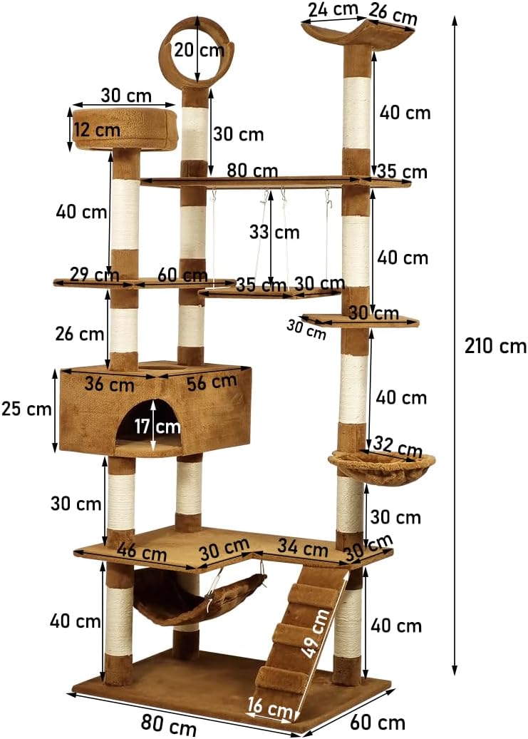 Large Cat Tree - 210 cm Cat Tower for Indoor Cats - Dangling Ball, Cozy Hammocks, Cat Scratching Posts & Durable Cat Condo - Cat Activity Center for Climbing & Playing (Chocolate, Large)