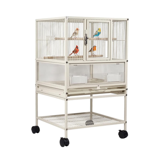Bird cage for Budgies, Canaries, and Lovebirds, Sturdy metal bird cage with Transparent design, Feeding cups, Wooden perches, Removable tray, Storage shelf, and Universal wheels, 83 cm (White)