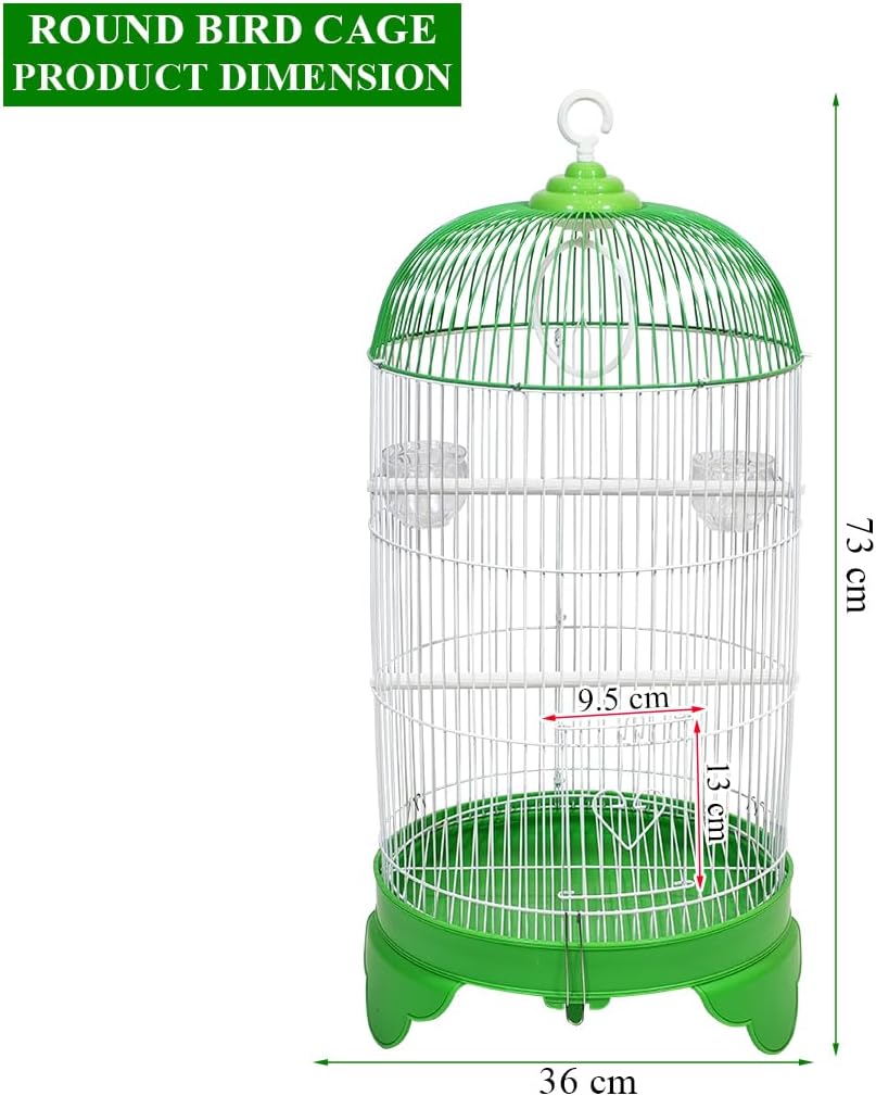 Round Bird Cage with Plastic Base, Metal Wire, Feeding Bowls, Swing, and Perches, 73 cm Travel Portable Cage for Parakeets, Canaries, and Small Birds, Indoor Outdoor Use, Convenient hook (GREEN)